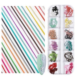 WOKOTO 24 Colorful Chains Nail Charms 3D Metal Nail Chain Charms Decoration For Women Girls Rainbow Metal Punk Nail Jewelry Muti-Color Chains Charms For Manicure Supplies For Fingernails