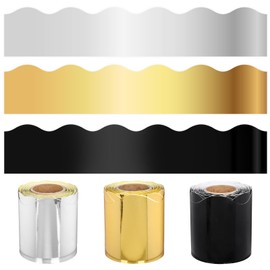 FYSUIMU 99 Ft Shine Gold Silver Black Bulletin Board Border Holographic Scalloped Border Trim Self Adhesive Bulletin Board Stickers Roll for School Classroom Office Party Decor, 3 Rolls