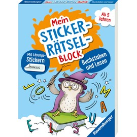 Ravensburger Mein Stickerrätselblock: Buchstaben und Lesen - Rätselblock ab 5 Jahre, spielerisch Buchstaben lernen, Lesen lernen, Sticker, ab Vorschule