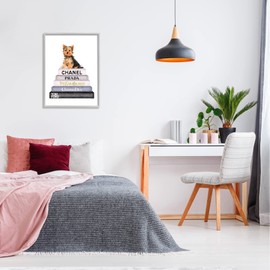 Stupell Industries Book Stack Yorkie Dog Glam Fashion Watercolor, Design by Amanda Greenwood, Grey Framed, 24 x 30