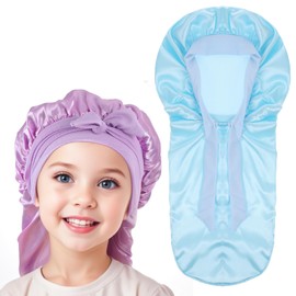 Lnngub 2 Packs Long Hair Bonnet for Sleeping, Silk Bonnet for Kids Satin Bonnets Double Layer Satin Sleep Bonnet Elastic Satin Bonnet Night Sleep Hats for Toddler Teens Natural Curly Hair(Blue+Purple)