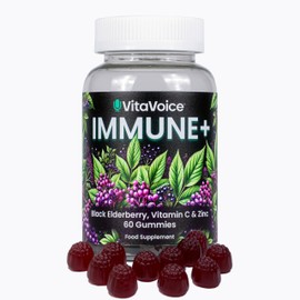 Immunity Support Gummies | Black Elderberry, Vitamin C, Zinc | VitaVoice Immune+ | 60 Gummies | Vegan | Mixed Berry Flavour | Low Sugar