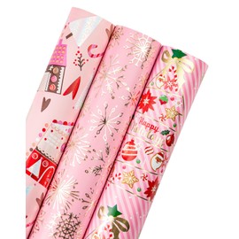 WRAPAHOLIC Christmas Wrapping Paper Roll - Mini Roll - 3 Rolls - 17 Inch X 120 Inch Per Roll - Pink Christmas tree, House, Snowflake Holiday Collection