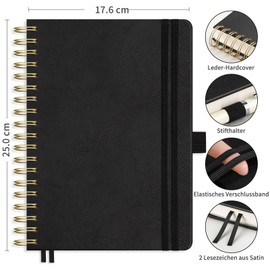 RETTACY Notebook B5 Squared, Bullet Journal with 100 g/m² Thick Paper, 150 Sheets, College Pad for Office and School, Leather Cover, Black, 17.6 cm x 25 cm