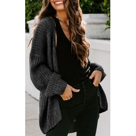 PRETTYGARDEN Women’s Solid Color Long Sleeve Cardigan Casual Soft Knit Sweaters Draped Open Front Cardigan Sweaters Coats (Black, Large)