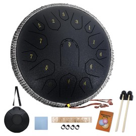 Steel Tongue Drum - 14 Inch 15 Note Tongue Drum - Hand Pan Drum with Music Book, Handpan Drum Mallets and Carry Bag, D Major (Matte Black)