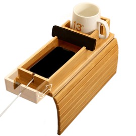 Bamboo Couch Arm Tray with Detachable Cup Holder, 2 in 1 Foldable Anti-Falling Design for Cups, Snacks, Remote, Cellphone