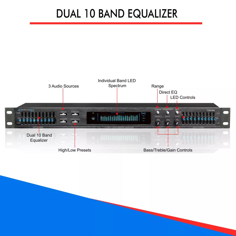 Technical Pro Professional Dual 10 Band Equalizer with Individual LED