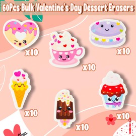 ANGOLIO 60Pcs Valentine's Day Dessert Mini Erasers for Kids Bulk Cute Doughnuts Cupcakes Ice Cream Pencil Eraser 3D Desk Puzzle Erasers Pet for School Exchange Gifts Classroom Prizes Party Favors