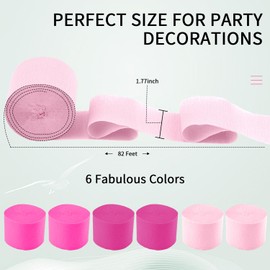 Crepe Paper Streamers - 6 Rolls, 492ft, Pack of 6 Light Pink & Hot Pink Party Streamers for Birthday, Wedding, Baby Shower & Anniversary Decorations (2.37 Inch x 82 Ft/Roll)