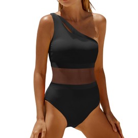 Holipick Women's Black One Shoulder One Piece Swimsuit Cutout Bathing Suits Mesh Slimming Swimwear for Teen Girls Large
