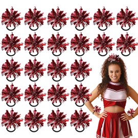 Shappy 24 Pcs 2 Color Mini Pom Poms Hair Ropes for Cheerleading 4 Inch Elastic Cheering Ponytail Holder Cheer Party Gifts(Red)