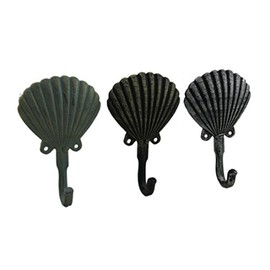 Zeckos Distressed Scallop Shell 3 Piece Coastal Cast Iron Wall Hook Set