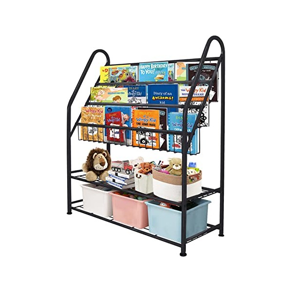 aboxoo Metal Kids Black Bookshelf LargeFreestanding for Children Room 32 in Toy Organizer Large Stable Bookcase Bookstore Library Book Unit Storage Kids Bed Living Room