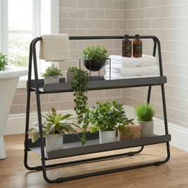 Soporte para Plantas Exterior, Estante para Plantas de Metal de 2 Niveles, Estante para Flores de Interior y Exterior, Mueble para Plantas Organizador para Patio, Jardín, Negro