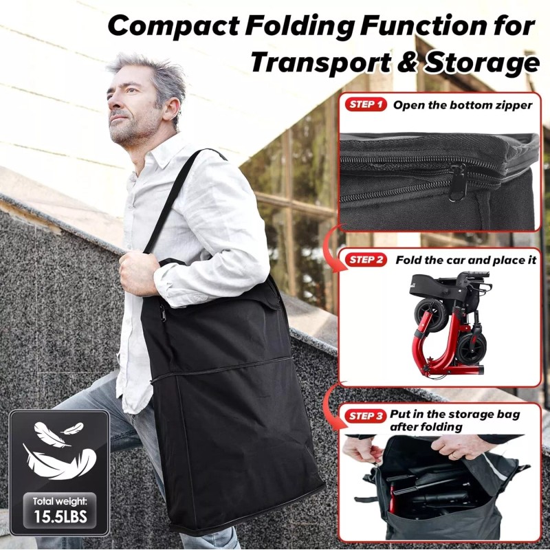 Henmnii All-Terrain Rollator Walker for Seniors Rubber Wheels Foldable Lightweight