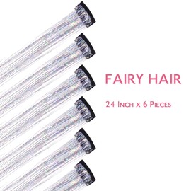 WENNALIFE Hair Tinsel Clip in Silver Tinsel Hair Extensions for Girls Glitter Hair Tinsel Clip Ins Hair Accessories Heat Resistant Fairy Sparkle Strands Christmas Birthday Gifts for Girls 6pcs 24 Inch