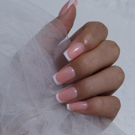 MOTIBACK 32PCS French Nail Manicure,Square Medium-Length Glossy Full Cover False Nails,Apricot Pink Color Press on Fake Wearable Nails,Gel Nail Tips Pre-Lasting for Art DIY