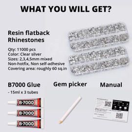 b7000 Clear Glue with 11000Pcs Silver Clear Rhinestones for Crafts Clothing Clothes Fabric Crafting, Flatback Gems Rinestones Kit for Shoes Tumblers, Flat Back Crystals Diamonds ss6-ss20 Multi Sizes
