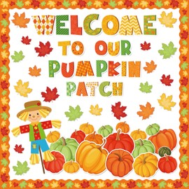 FYSUIMU 85Pcs Fall Bulletin Board Decoration Set Orange Green Pumpkin Maple Leaves Scarecrow Paper Cutouts with Glue Points for Autumn Thanksgiving Back to School Classroom