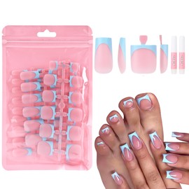 Freeorr French Press On Nails and Toenails Set with 2 Nail Glue, 60Pcs Blue Square 15 Sizes Medium Thick Soft False Toenail Extension, Full Cover Stick on Acrylic for Women Nail Art DIY