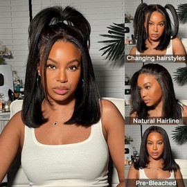 Black V Part Wig Kinky Straight Wig Upgrade U Part Synthetic Wigs for Black Women Full Head Clip In Hair Glueless Blend Human Hair Replacement Synthetic Wigs Natural Scalp (Natural Black, 14 Inch)