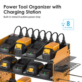 CCCEI Modular Pegboard Rack Power Tool Organizer with Charging Station. 4 Layer Wall Mount Drill Holder, Yellow Tool Battery Charger Organizer. Garage Shop Storage Utility Shelf with Power Strip.