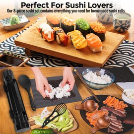 PIWOSGOL Sushi Maker Set, 8-Piece DIY Sushi Set for Beginners, Multifunctional Sushi Making Kit with Bazooka, Maki Roller Shapes, Sauce Bowl, Spatula and Sticks