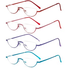 REAVEE 4 Pack Half Lens Reading Glasses for Women Retro Designer Alloy Spring Hinge Metal Frame Half Moon Readers with Pouch, Red Pink Blue Purple 1.75