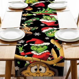 Croar Christmas Tree Cartoon Table Runner, Xmas Max Dog Kitchen Dining Table Decoration, Funny Holiday Winter Burlap Indoor Outdoor Home Decor Party Supply 13 x 90 Inches
