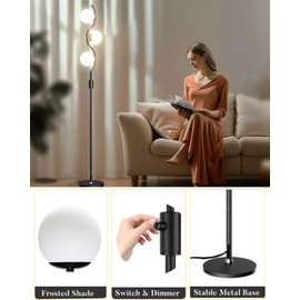 ACOHOOK Dimmable Globe Floor Lamp Black Standing Lamps with 3 Soft Warm White 3000K Bulbs, Mid Century Modern Floor Lamp for Living Room Bedroom Home Decor
