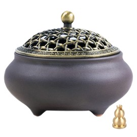 NGE Incense Burner, Ceramic Incense Burner with Brass Lid, Stylish, Simple, Flame-Retardant Cotton and Incense Holder, Compatible with Aroma, Cones, Sticks, Incense, Easy Care, Asian, Relaxing,