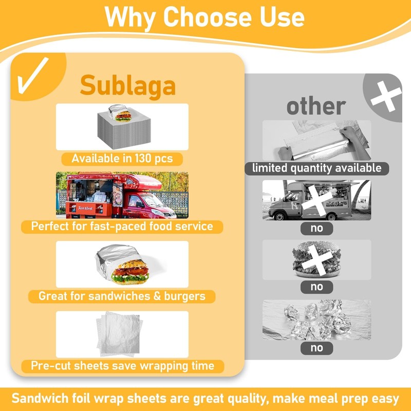 Sublaga 130 Pack Insulation Sandwich Wrapping Paper Aluminum Foil Sheets