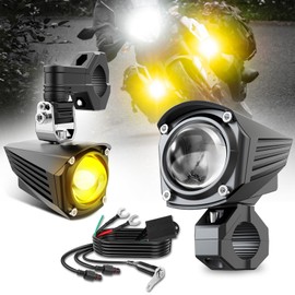 Motorcycle LED Fog Lights Auxiliary Driving Light 60W 18000LM Dual Color Spotlights White Amber Strobe Flashing Lights with 5 Modes Wire Harness Kit, for Car Truck Boat ATV UTV, 2PCS