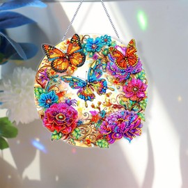 Diamond Art Kits for Adults,DIY Flower Butterfly Diamond Painting Kit Colorful Diamond Painting Hanging Sign Crystal Art Window Ornaments Home Garden Wall Door Hanging Decoration (Flower & Butterfly)