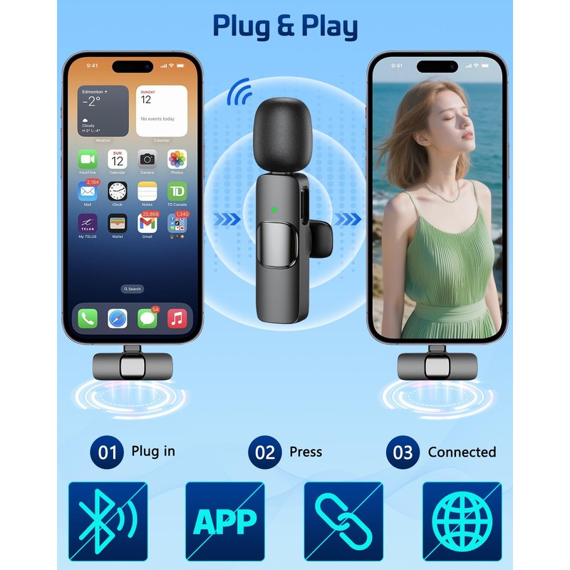 HONGJIEYUAN Pink Wireless Lavalier Microphone for iPhone & Android -