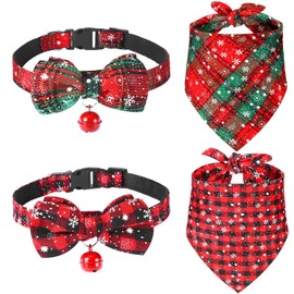 Frienda Set de 4 Pañuelos y Collares Navideños para Perro Cuello Clásico Navideño a Cuadros para Perro Pañuelo Ajustable para Mascota con Cascabel de Seguridad Disfraz para Gato(S,Estilo Moda)