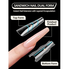 EBANKU Uñas sándwich originales de doble forma, 240 piezas de extensiones de uñas largas tipo ataúd, molde de plástico para uñas de 15 tamaños, sin ne