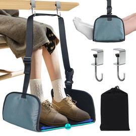 PENGARO Airplane Foot Hammock, Office Footrest with 2 Hooks Widen Airplane Footrest Long Flight Hammock Memory Foam Travel Footrest Plane Foot Sling Under Desk at Work Gaming Travel Essentials, Grey