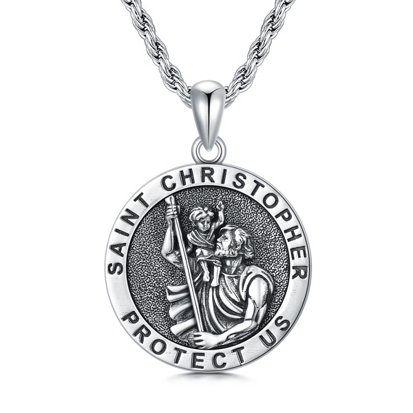 CEKAMA St Christopher Necklace for Men Women Sterling Silver Round