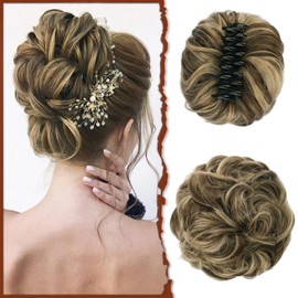 SOFEIYAN Claw Clip Messy Bun Hair Piece Wavy Curly Hair Bun Clip in Claw Chignon Ponytail Hairpieces Synthetic Tousled Updo Hair Extensions Scrunchie Hairpiece for Women, Brunette Mixed Ash Blonde