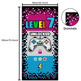 Level 7 Unlocked Happy 7th Birthday Level Up Banner Backdrop Background Photo Booth Props Video Game Game Controller Theme Decorations Decor for Door Porch Boys Girls 7th Birthday Party Supplies