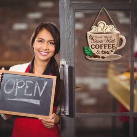 TOARTi Coffee& Tea Wooden Sign for Kitchen Decoration,Fuuny Quotes Good Mood Stars with Coffee and Tea Wood Decorative Plaque for Dining Room Wall Art Decor