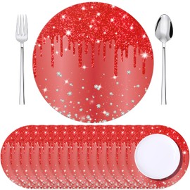 Dispowreath 120 Pieces Red Paper Placemats Glitter Diamonds Round Disposable Table Mats Decorative Paper Mats for Dining Wedding Birthday Red Glitter Banquet Party, 13 Inch
