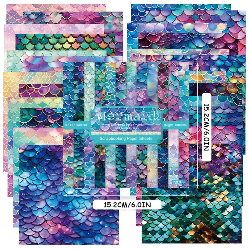 24 Mermaid Scale Scrapbook Paper Sheets, 6" x 6" Glitter