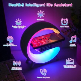 Htoxsdc Mini Smart LED Table Lamp, 4-in-1 Wireless Charger, Wireless Charger with Speaker,Night Light, Alarm Clock, and Bluetooth Speaker for Bedroom and Home Decor (Black)