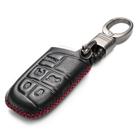 Vitodeco Genuine Leather Smart Key Keyless Remote Entry Fob Case Cover with Key Chain for JEEP, Dodge, Chrysler (5 Buttons, Black/Red)