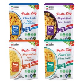 Pasta Zing Variety Pack, Fully Cooked Italian Pasta, Ready in 1 Minute, 14g Protein, Al Dente Bite, 2x Elbow, Farfalle, Spaghetti And 1x Fusilli, BPA-Free Pouch, 7 Pack 7.05 oz