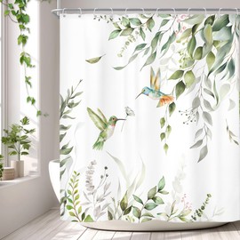 Sage Green Shower Curtain Set Bird Eucalyptus Leaves Spring Bathroom Decor
