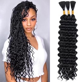 Boho Hair for Braiding, 3 Bundles 20 Inch Deep Wave Bulk for Boho Braids No Weft 100G Curly Bohemian Wet and Wavy Braiding Hair Extensions (Natural Black#)